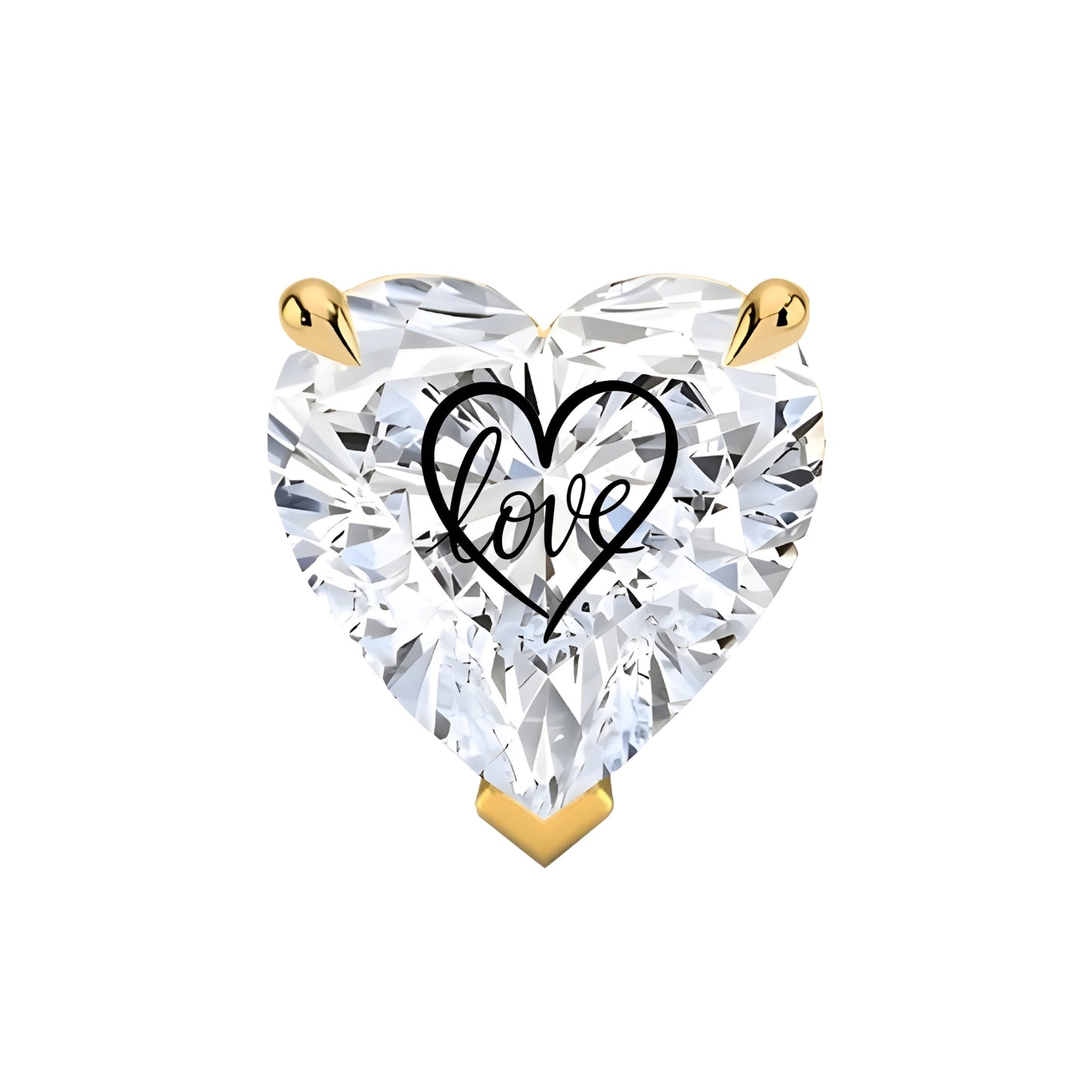 עגיל יהלום מעבדה לב עם חריטת לייזר לב Love – זהב 14 קראט צהוב/לבן/רוז גולד – עגיל ייחודי עם מסר אהוב
