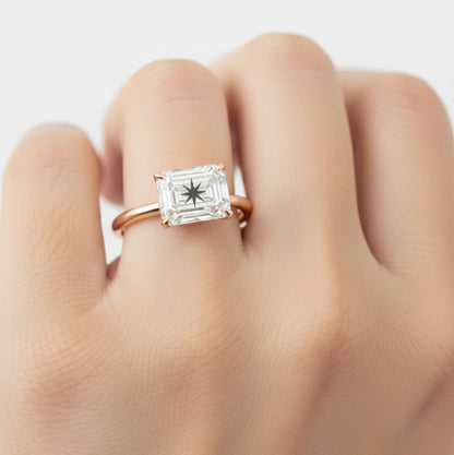 Lab Grown Diamond Emerald Ring With North Star Laser Engraved On The Diamond 14K Gold