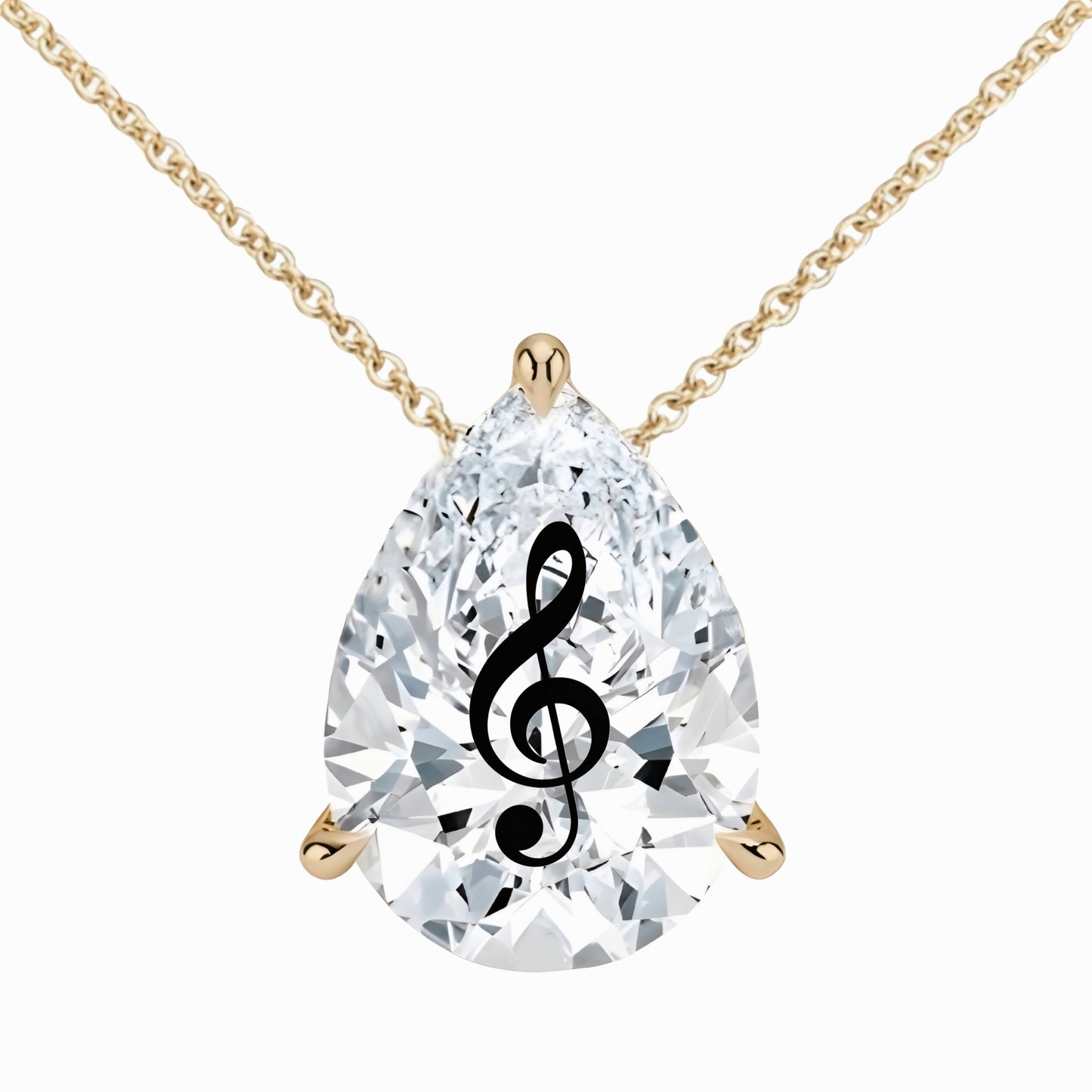 שרשרת אבן מוסונייט טיפה מרחפת עם חריטת לייזר תו מוזיקלי - זהב 14 קראט צהוב/לבן/רוז גולד