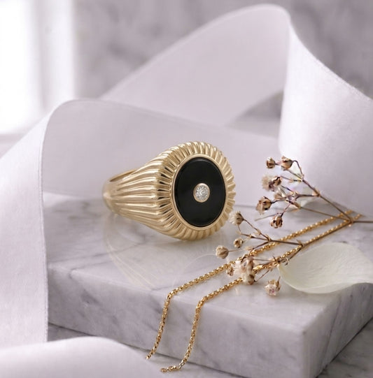 Oval Onyx Stone & Lab Grown Diamond Signet Ring 14K Yellow/White/Rose Gold