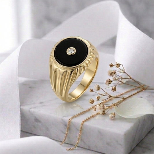 Round Onyx Stone & Lab Grown Diamond Signet Ring 14K Yellow/White/Rose Gold