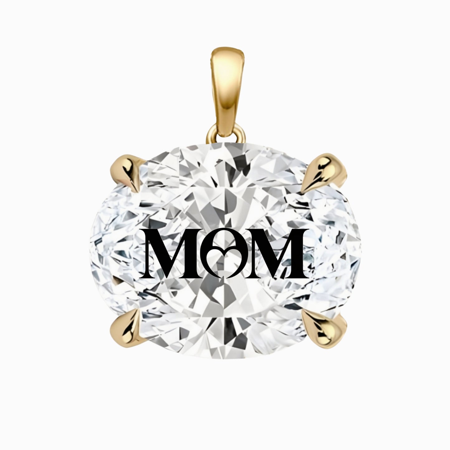 תליון יהלום מעבדה אובל עם חריטת לייזר MOM - זהב 14 קראט צהוב/לבן/רוז גולד
