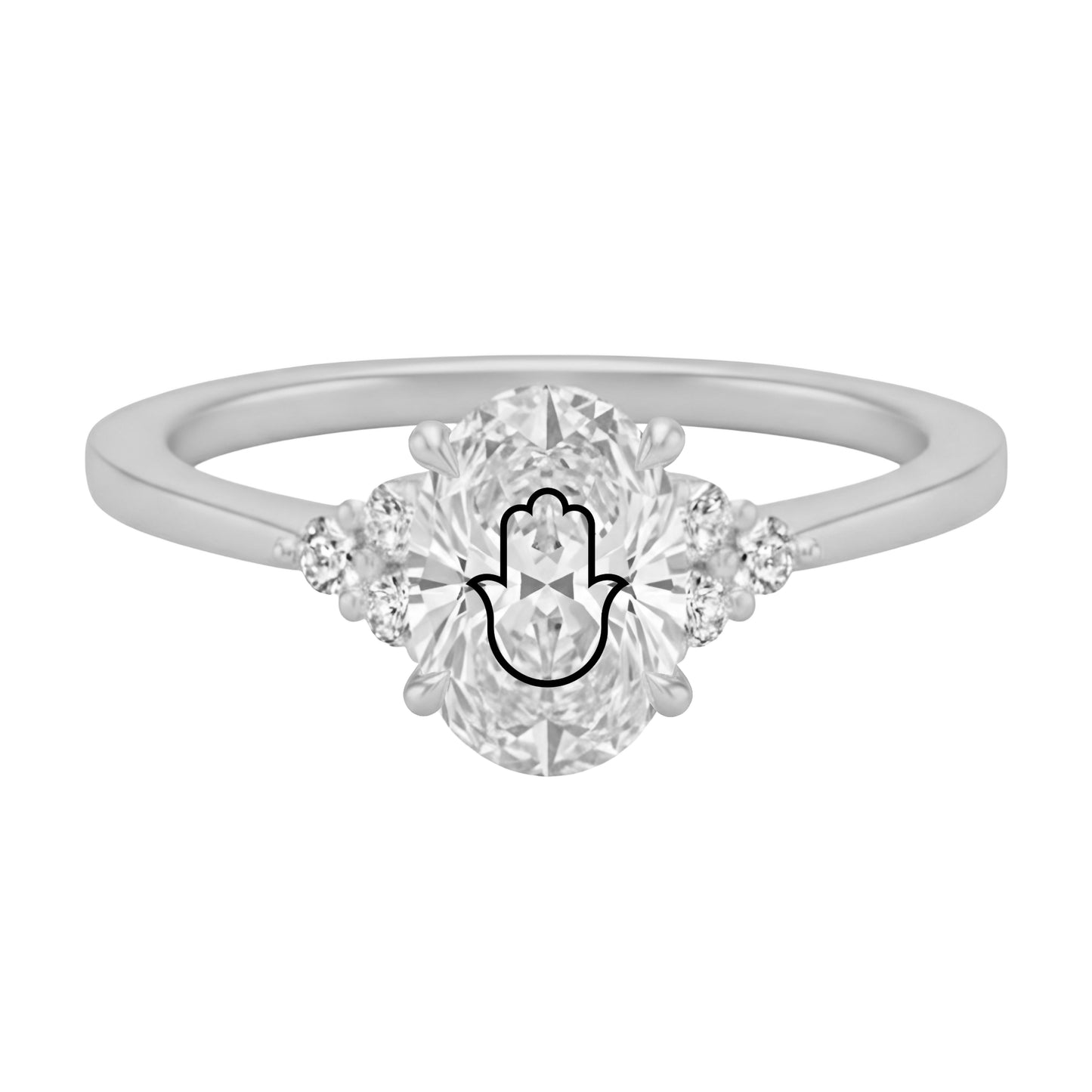 Laser Engrave Lab Grown Diamond Oval Ring Hamsa Engraved 14K Yellow/White/Rose Gold