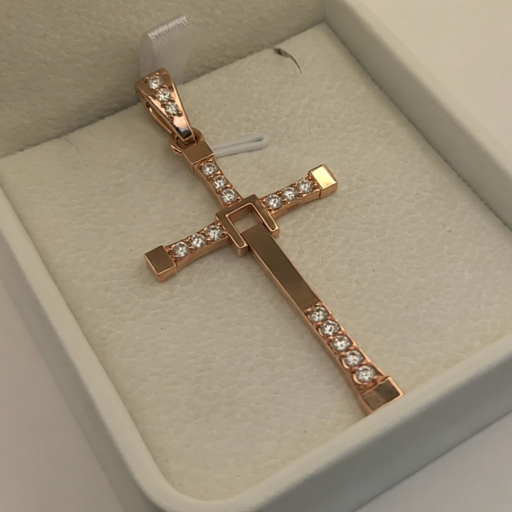 Big Solid Two-Part Swinging Cross Pendant Lab Grown Diamond Set Custom Engraving Of A Verse On The Back 14K Gold