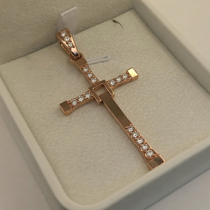 Big Solid Two-Part Swinging Cross Pendant Lab Grown Diamond Set Custom Engraving Of A Verse On The Back 14K Gold
