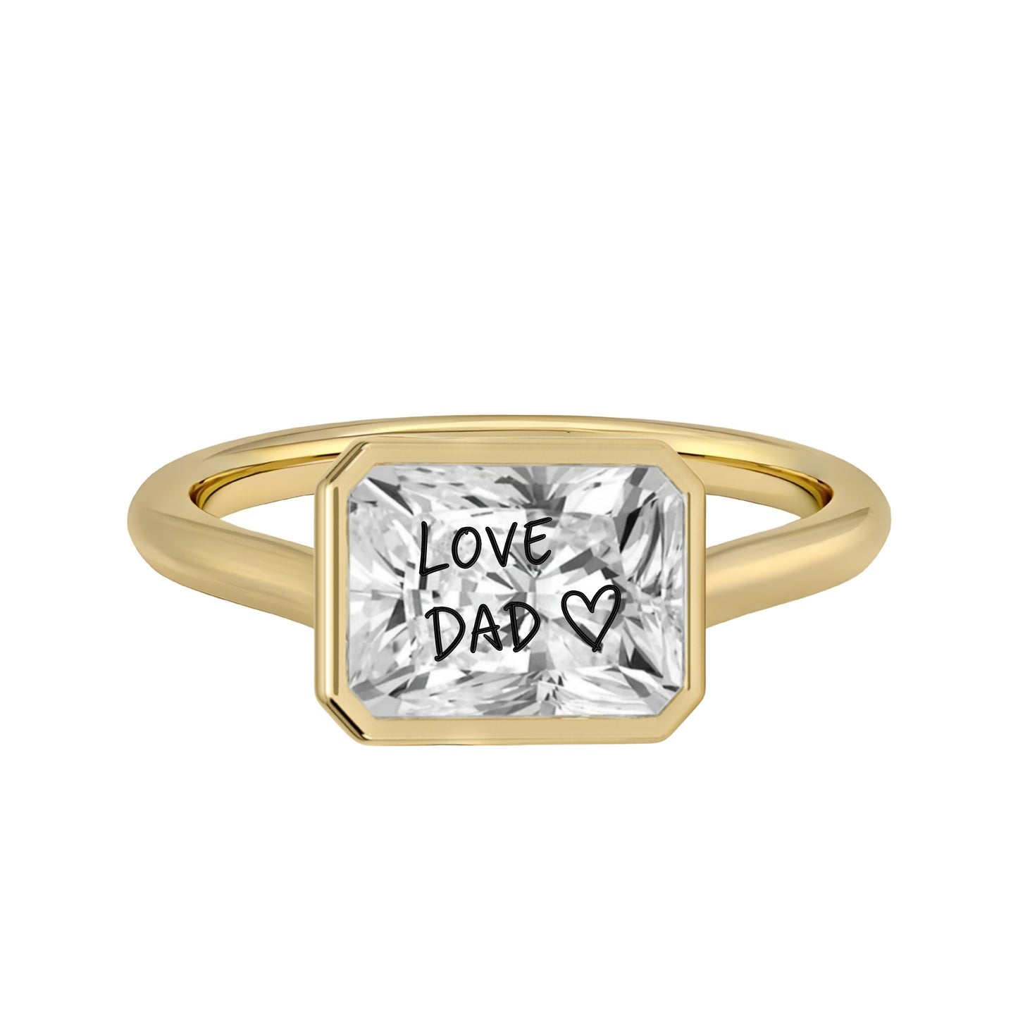 Laser Engrave Onto A Center Of Moissanite Stone Radiant Bezel Signet Ring Personalized Handwriting Engraved 14K Gold