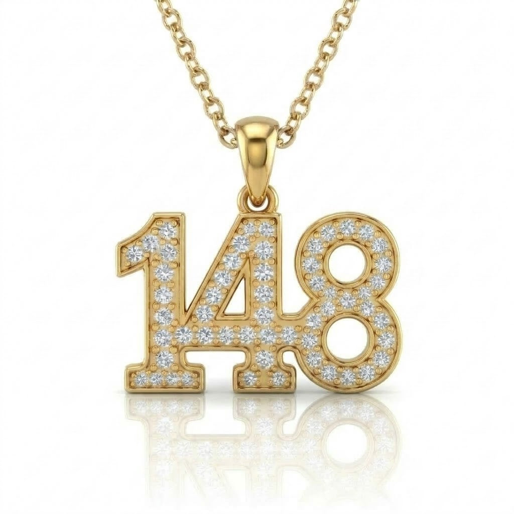 שרשרת תליון מספר 148 גימטריה של רבי נחמן מברסלב בשיבוץ יהלומי מעבדה זהב 14 קראט צהוב/לבן/רוז גולד