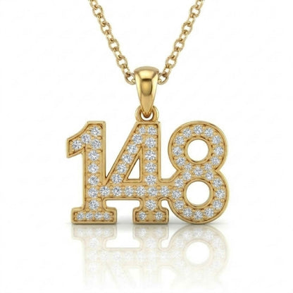שרשרת תליון מספר 148 גימטריה של רבי נחמן מברסלב בשיבוץ יהלומי מעבדה זהב 14 קראט צהוב/לבן/רוז גולד
