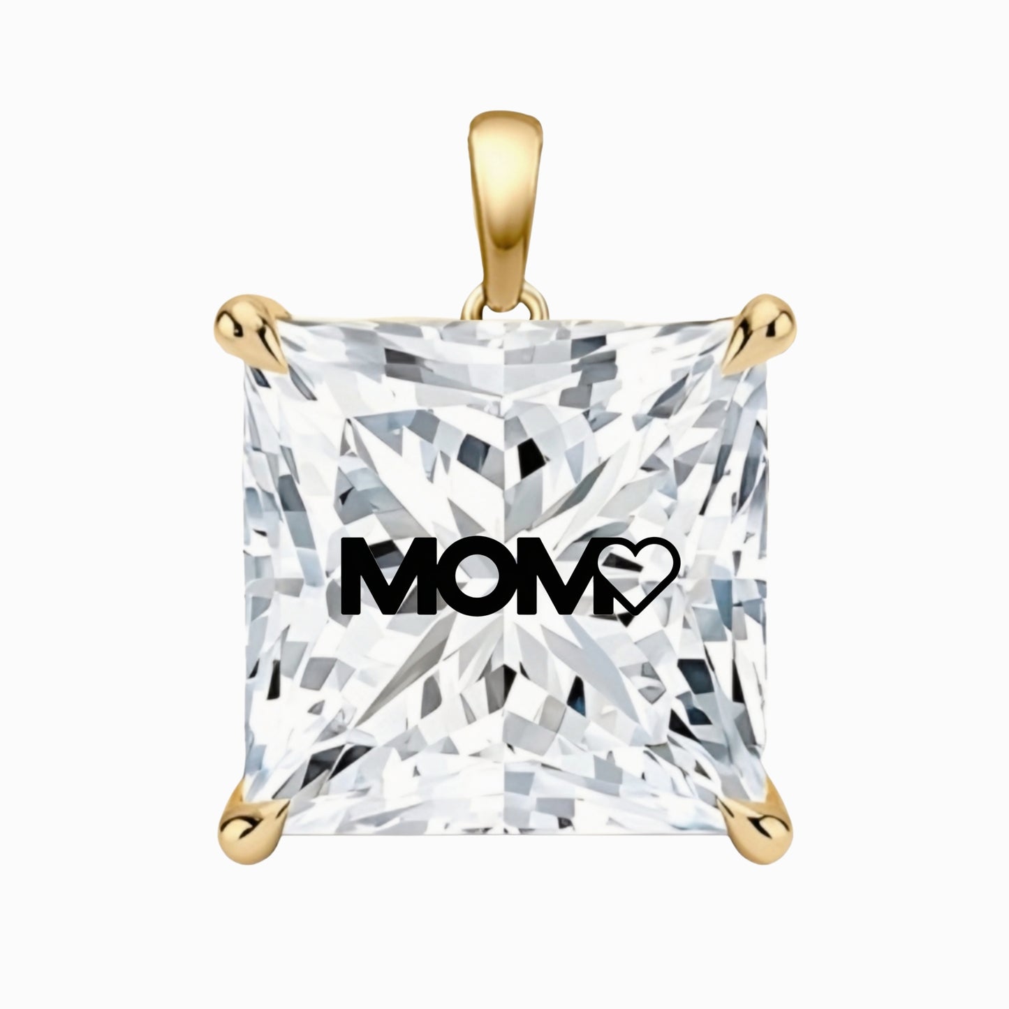 תליון יהלום מעבדה פרינסס עם חריטת לייזר MOM - זהב 14 קראט צהוב/לבן/רוז גולד