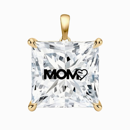 תליון יהלום מעבדה פרינסס עם חריטת לייזר MOM - זהב 14 קראט צהוב/לבן/רוז גולד
