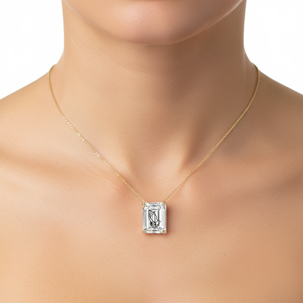 Lab Grown Diamond Emerald Necklace With Praying Hands Laser Engraved On The Diamond