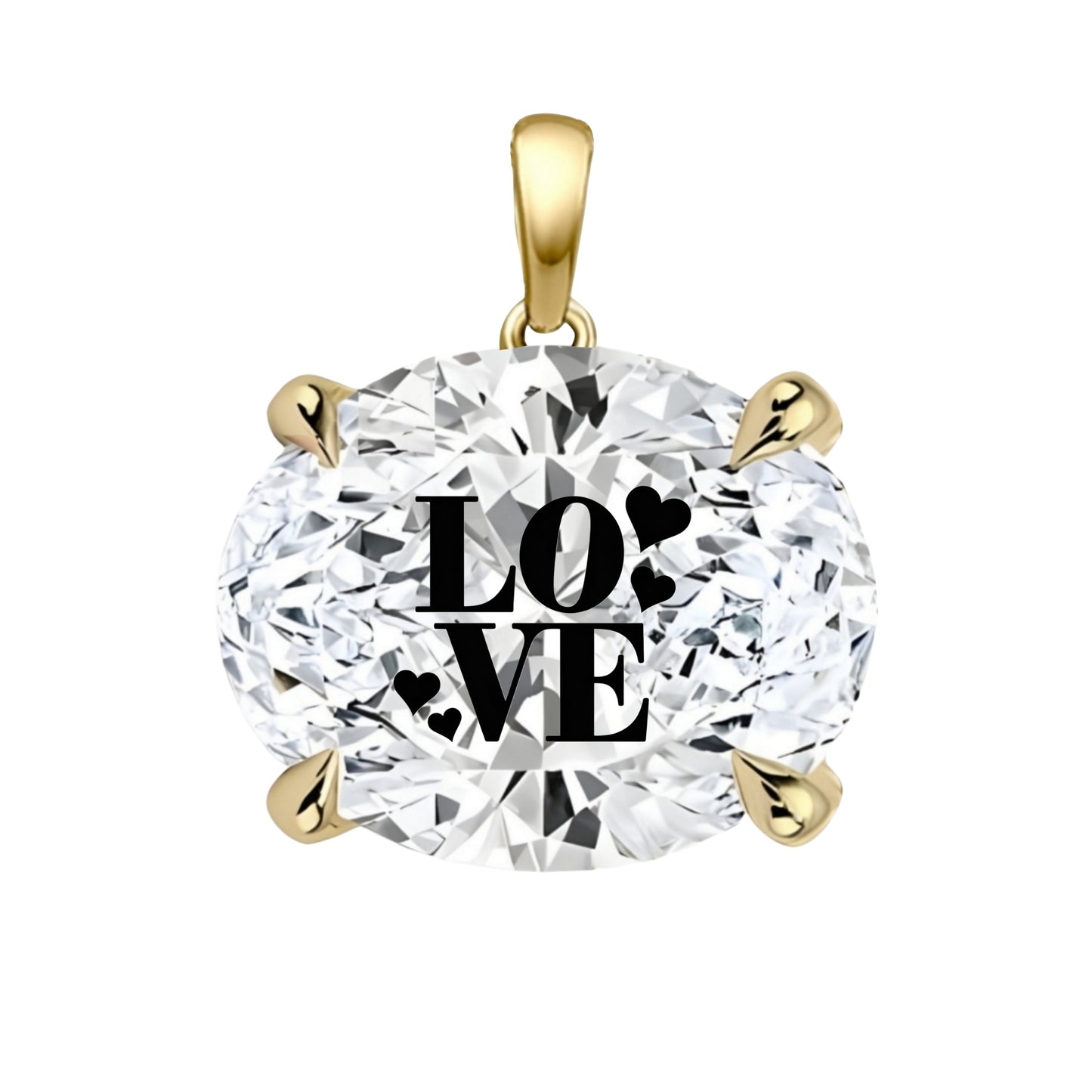 תליון אבן מוסונייט אובל עם חריטת לייזר LOVE - זהב 14 קראט צהוב/לבן/רוז גולד