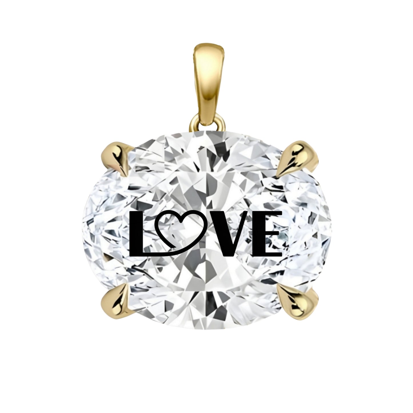 תליון יהלום מעבדה אובל עם חריטת לייזר LOVE - זהב 14 קראט צהוב/לבן/רוז גולד