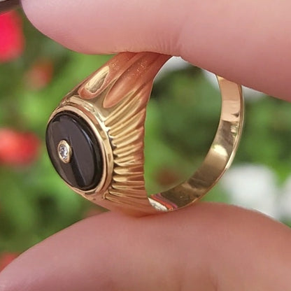 Onyx Stone & Lab Grown Diamond Signet Ring 14K Yellow/White/Rose Gold