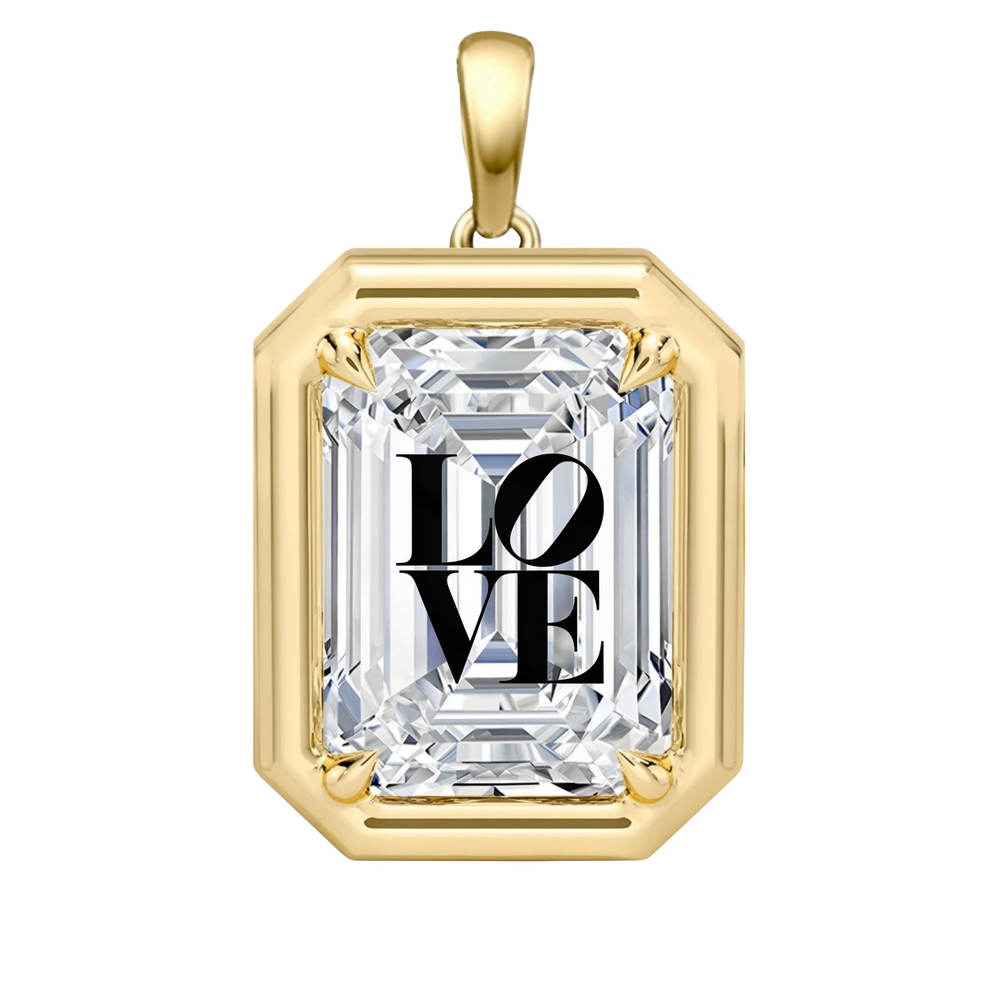 תליון יהלום מעבדה אמרלד עם חריטת לייזר LOVE - שיבוץ בזל וציפורני חתול זהב 14 קראט צהוב/לבן/רוז גולד