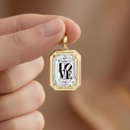 Laser Engrave Lab Grown Diamond Emerald Bezel Prongs Pendant LOVE Engraved 14K Gold