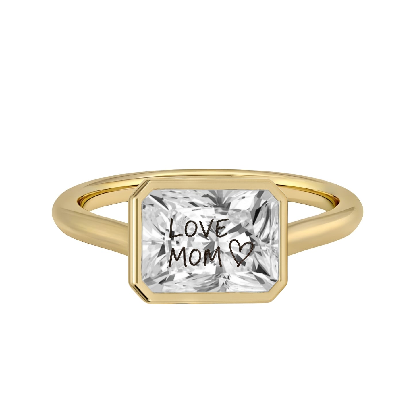 Laser Engrave Onto A Center Of Moissanite Stone Radiant Bezel Signet Ring Personalized Handwriting Engraved 14K Gold