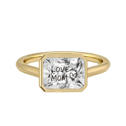 Laser Engrave Onto A Center Of Moissanite Stone Radiant Bezel Signet Ring Personalized Handwriting Engraved 14K Gold