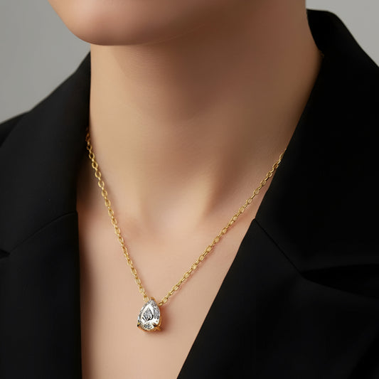 שרשרת יהלום מעבדה טיפה מרחפת עם חריטת לייזר האש שלי - זהב 14 קראט צהוב/לבן/רוז גולד