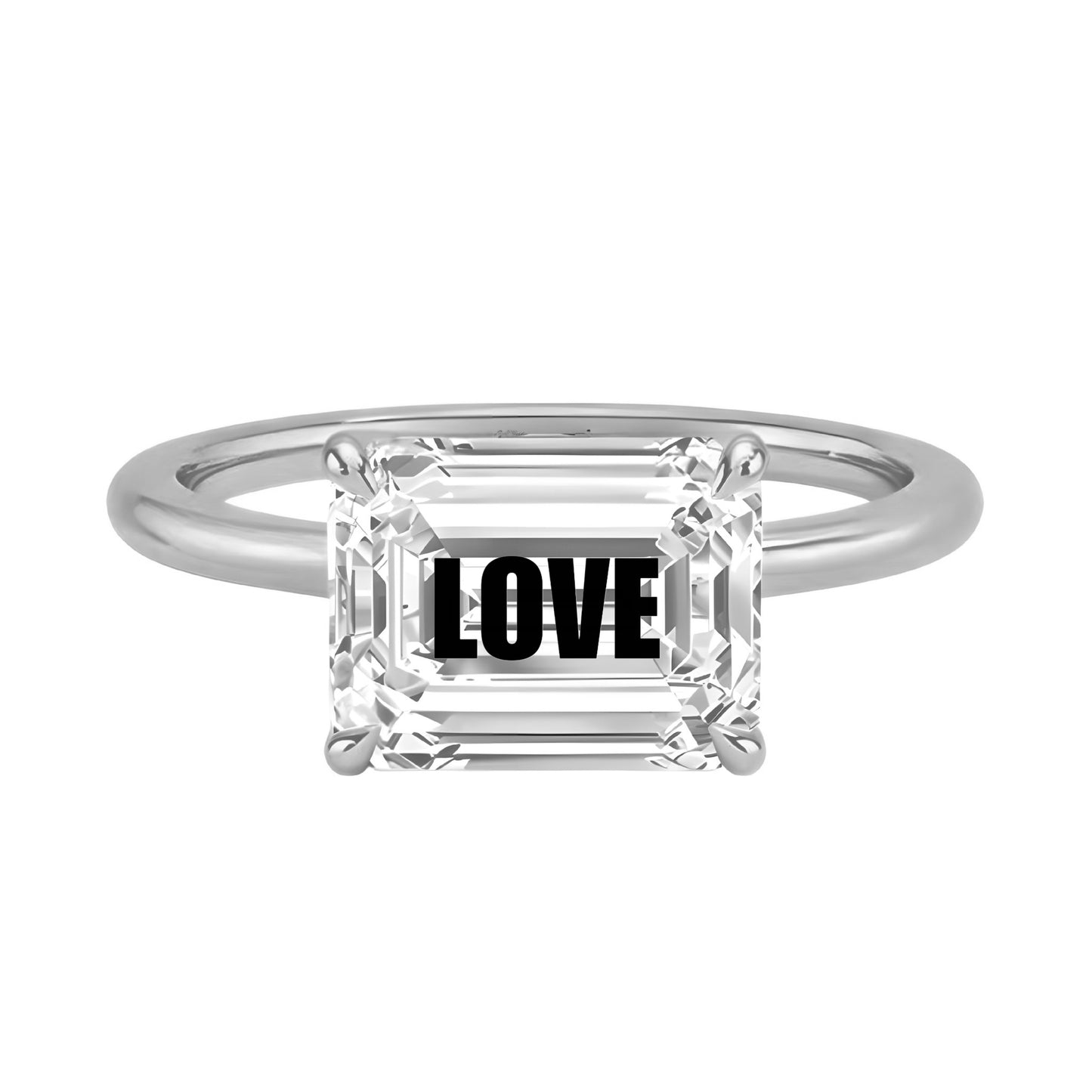 טבעת יהלום מעבדה אמרלד חריטה LOVE - זהב 14 קרא צהוב/לבן/רוז גולד