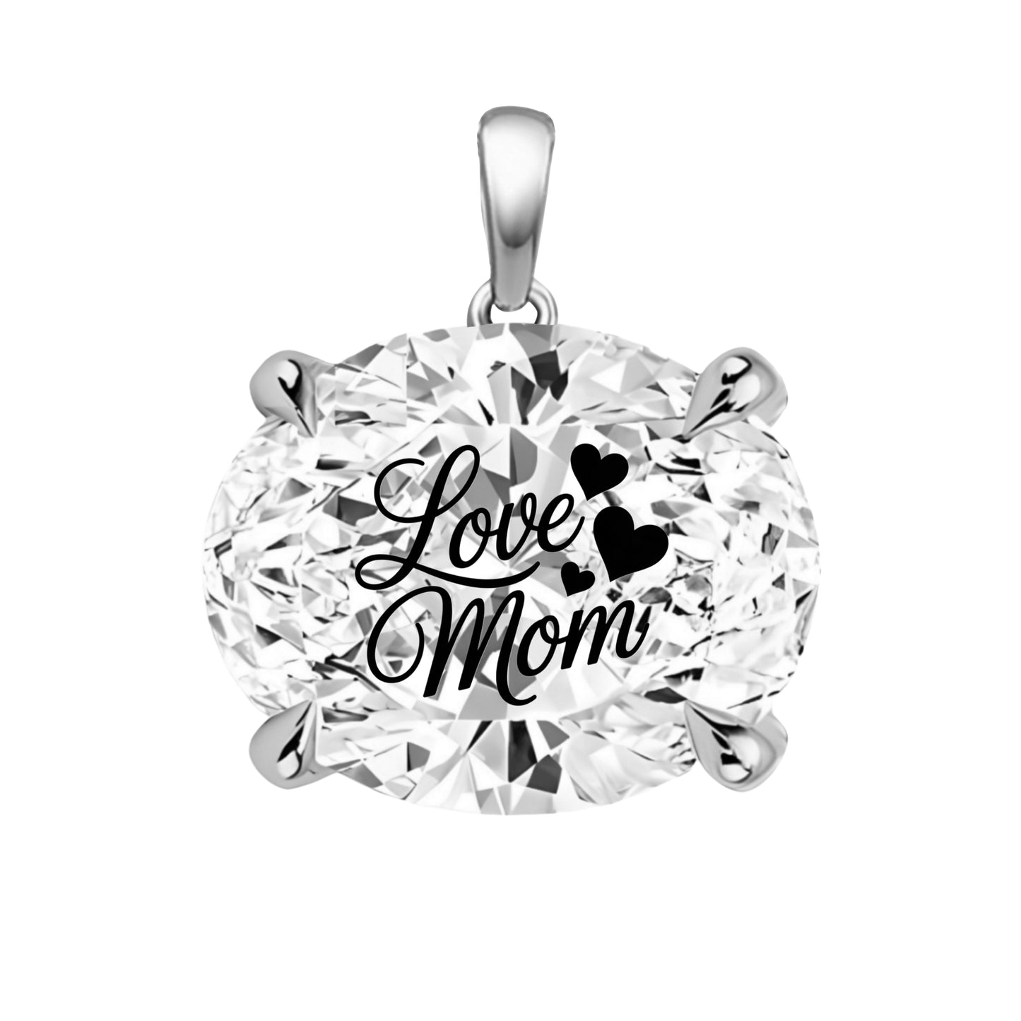תליון יהלום מעבדה אובל עם חריטת לייזר LOVE MOM - זהב 14 קראט צהוב/לבן/רוז גולד