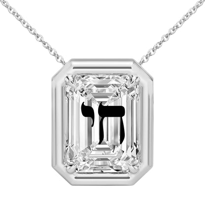 Laser Engrave On Lab Grown Diamond Emerald Bezel Prongs Pendant Chai Engraved Necklace 14K Gold