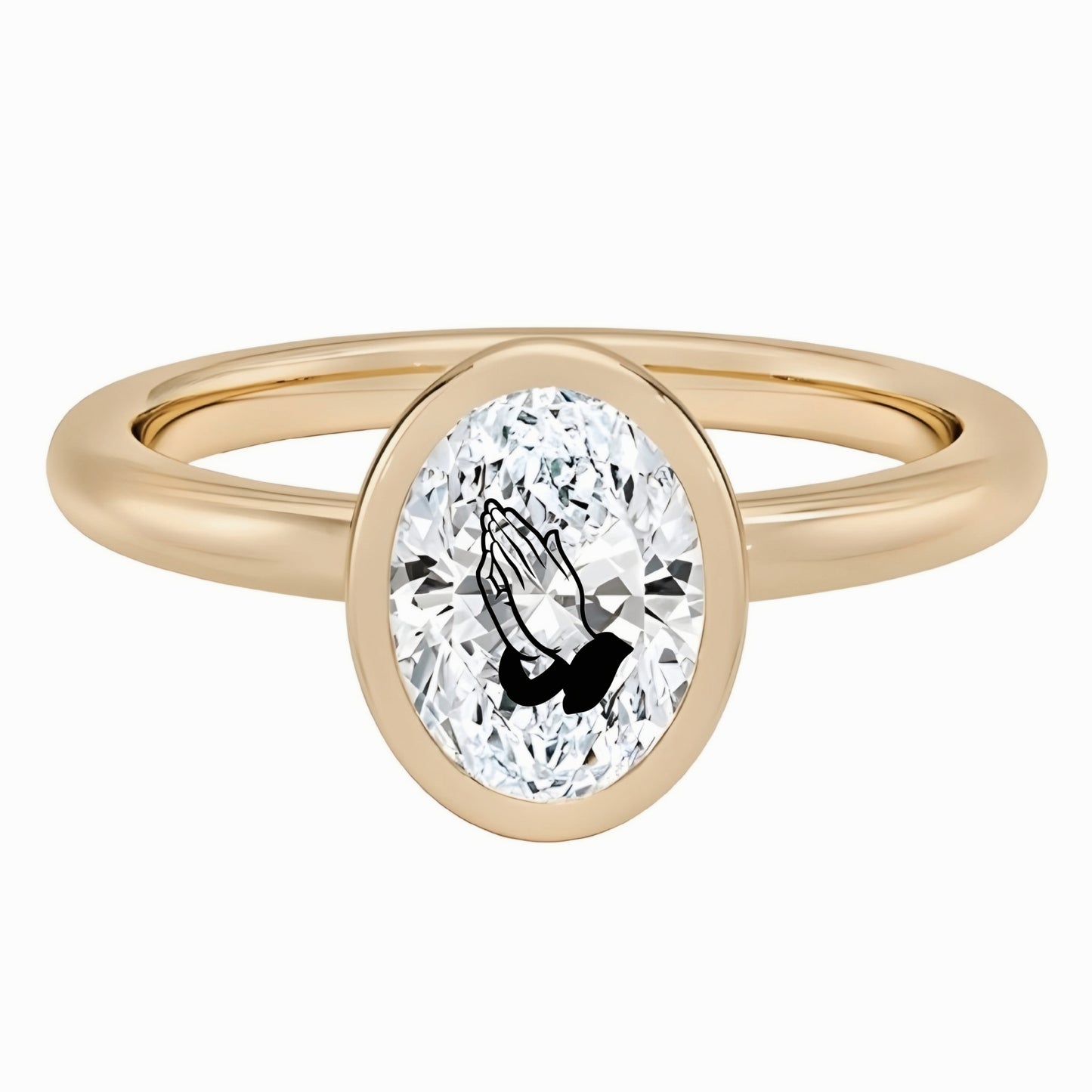 Lab Grown Diamond Oval Signet Ring With Praying Hands Laser Engraved On The Diamond 14K Gold