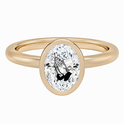 Lab Grown Diamond Oval Signet Ring With Praying Hands Laser Engraved On The Diamond 14K Gold