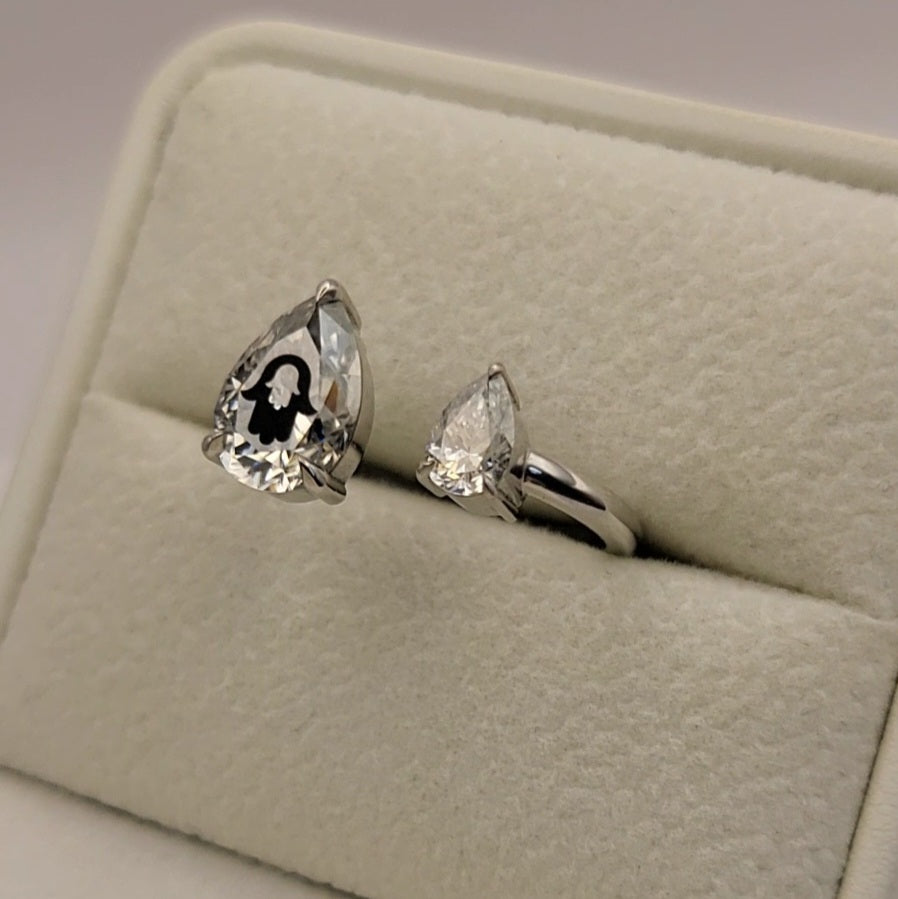 Laser Engrave Onto Center Of Lab Grown Diamond Pears Ring Hamsa Engraved 14K Gold