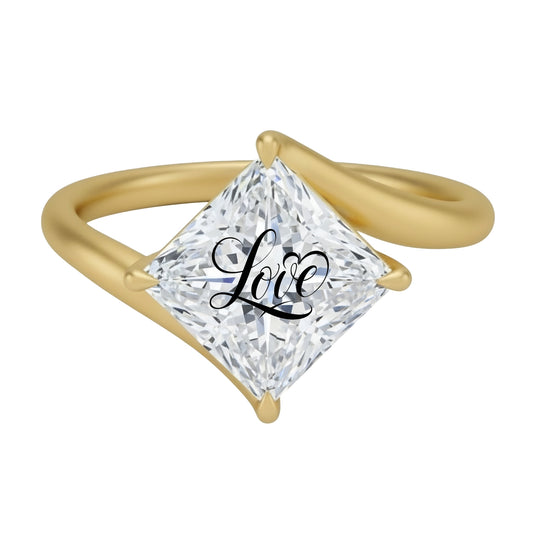 Laser Engrave On Lab Grown Diamond Princess Twist Ring Love Engraved 14K Gold