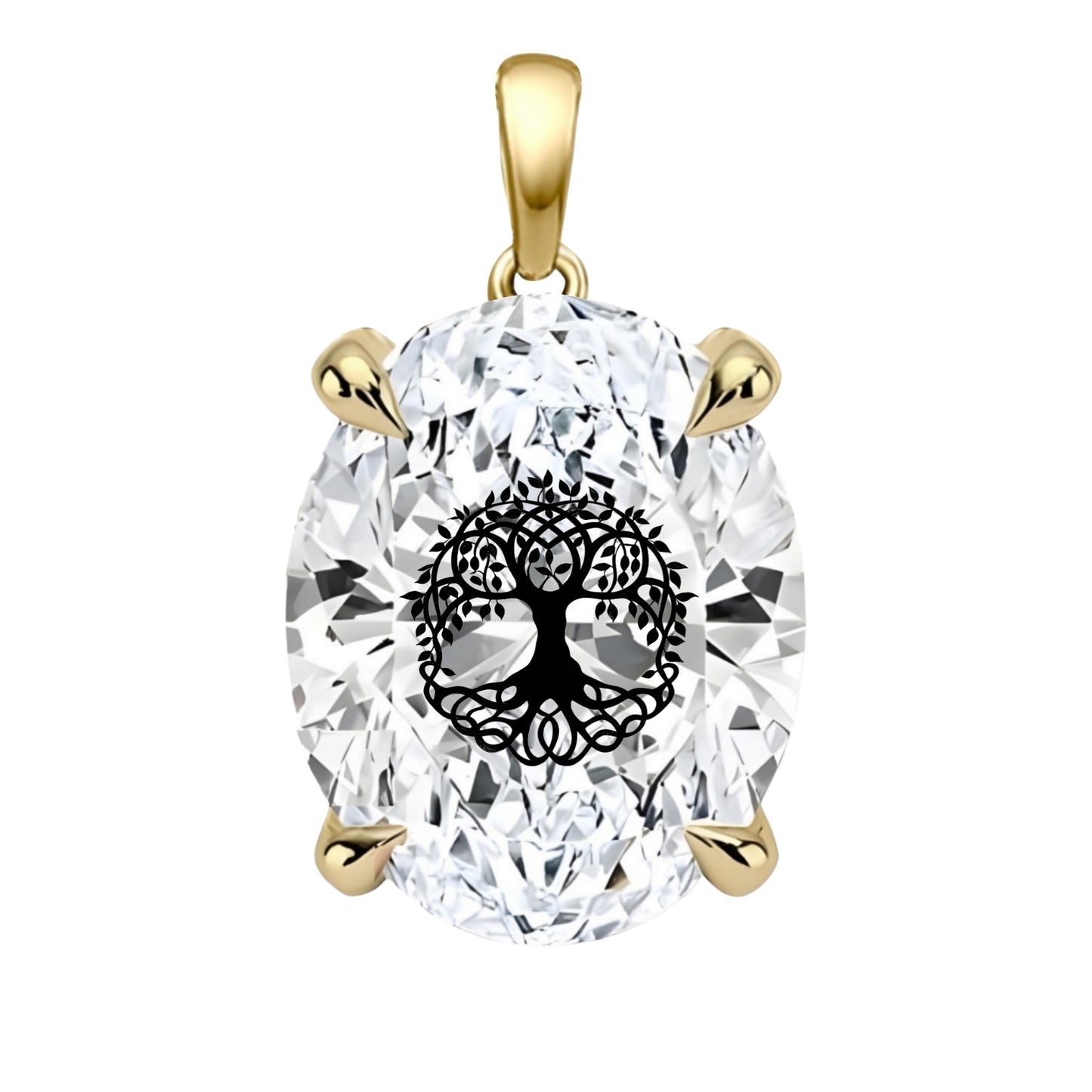 תליון אבן מוסונייט אובל עם חריטת לייזר עץ החיים - זהב 14 קראט צהוב/לבן/רוז גולד