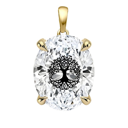 תליון אבן מוסונייט אובל עם חריטת לייזר עץ החיים - זהב 14 קראט צהוב/לבן/רוז גולד