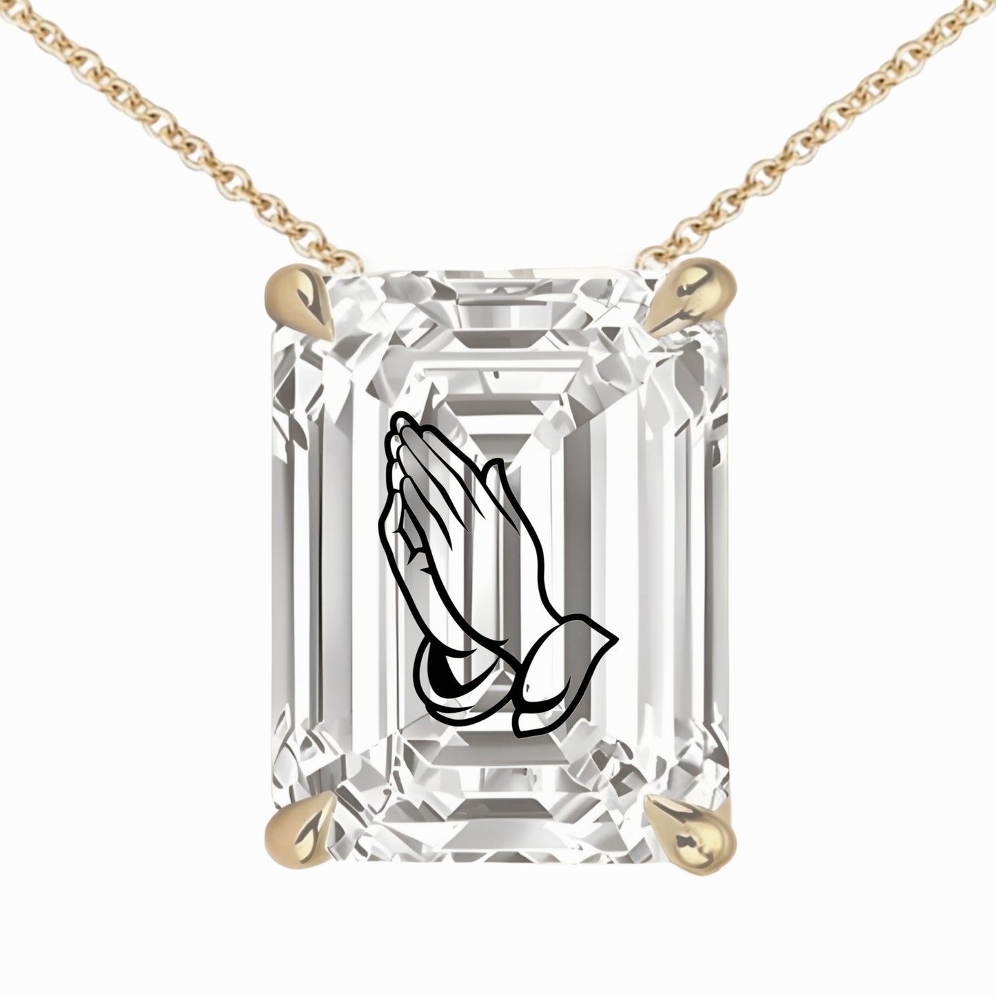 Lab Grown Diamond Emerald Necklace With Praying Hands Laser Engraved On The Diamond