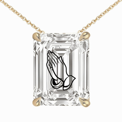Lab Grown Diamond Emerald Necklace With Praying Hands Laser Engraved On The Diamond