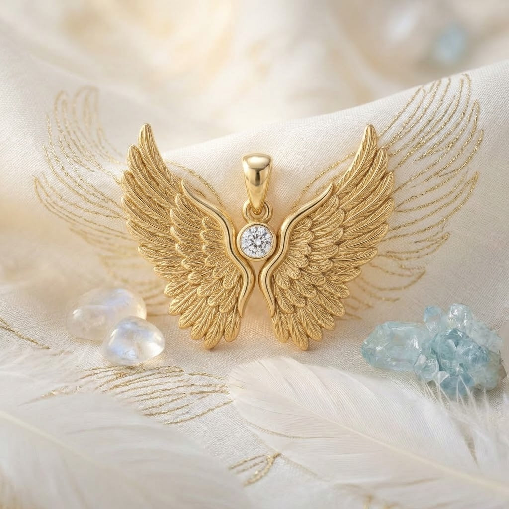 Magnificent 14K Gold Angel with Outstretched Feather Wings Pendant with Lab Grown Diamond - Celestial Guardian