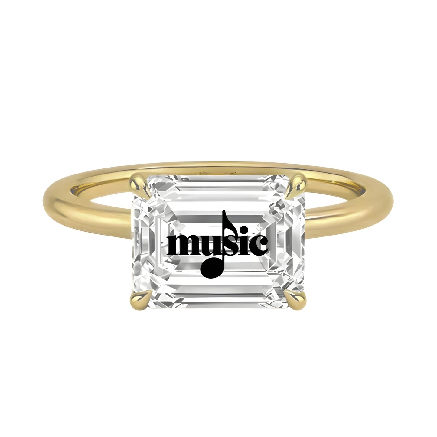 Lab Grown Diamond Emerald Ring With Music Laser Engraved On The Diamond 14K Gold