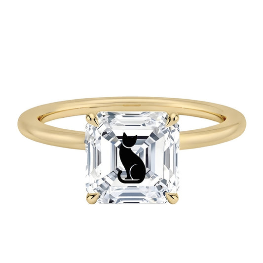 טבעת אבן מוסונייט אשר עם חריטת לייזר חתול - זהב 14 קראט צהוב/לבן/רוז גולד