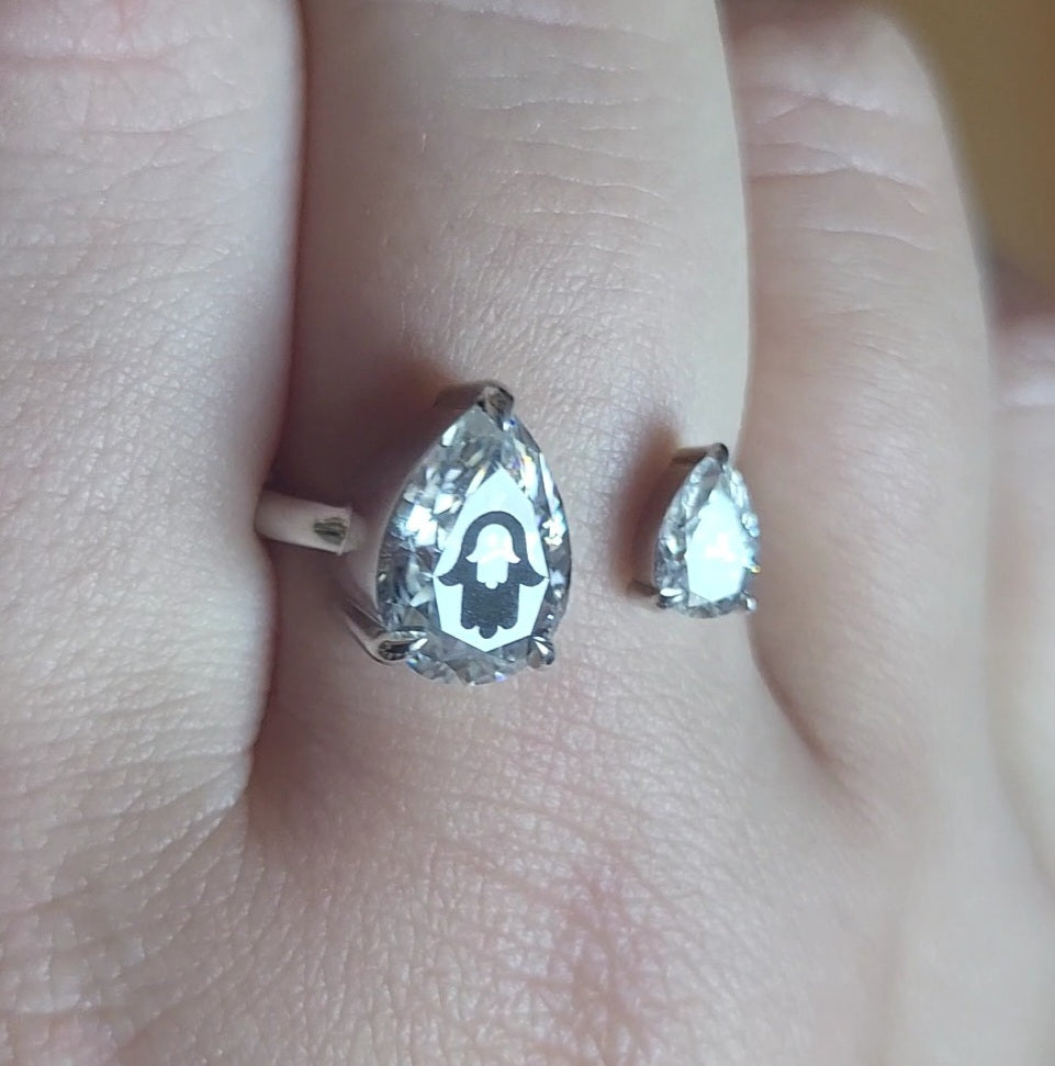 טבעת יהלומי מעבדה טיפה עם חריטת לייזר חמסה בחמסה - זהב 14 קראט צהוב/לבן/רוז גולד