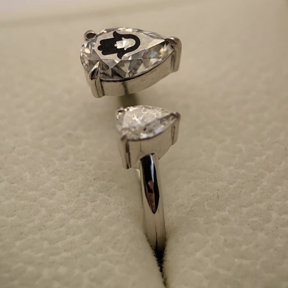 Laser Engrave Onto Center Of Lab Grown Diamond Pears Ring Hamsa Engraved 14K Gold