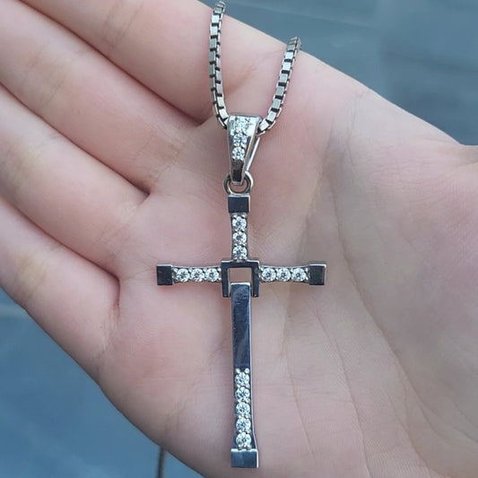 Solid Two-Part Swinging Big Cross Pendant Moissanite Stones Set Custom Engraving Of A Verse On The Back With Long Box Necklace 925 Silver For Men