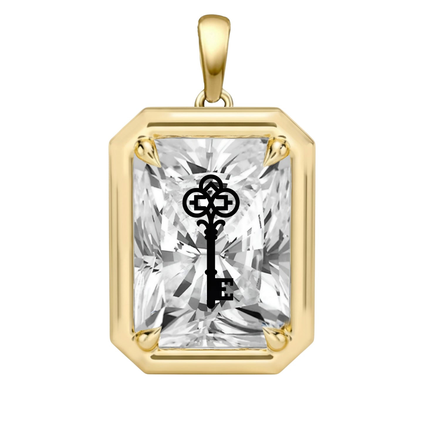 Laser Engrave On Lab Grown Diamond Radiant Bezel Prongs Pendant Key Engraved 14K Gold