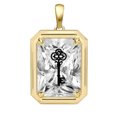 Laser Engrave On Lab Grown Diamond Radiant Bezel Prongs Pendant Key Engraved 14K Gold