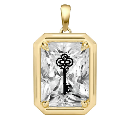 Laser Engrave On Lab Grown Diamond Radiant Bezel Prongs Pendant Key Engraved 14K Gold