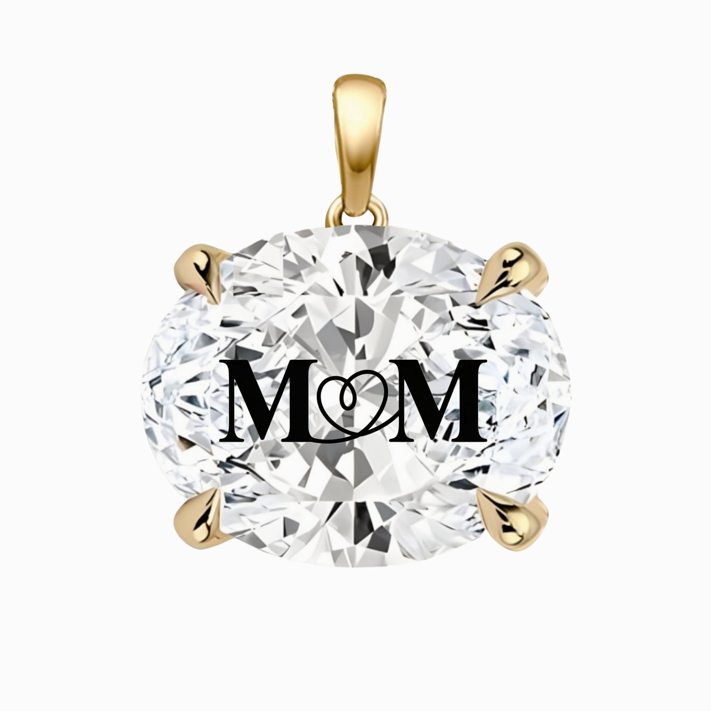 תליון יהלום מעבדה אובל עם חריטת לייזר MOM - זהב 14 קראט צהוב/לבן/רוז גולד