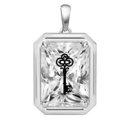 Laser Engrave On Lab Grown Diamond Radiant Bezel Prongs Pendant Key Engraved 14K Gold