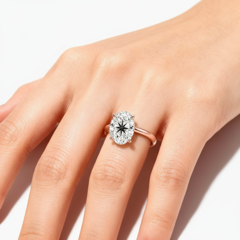 Lab Grown Diamond Oval Ring With North Star Laser Engraved On The Diamond 14K Gold