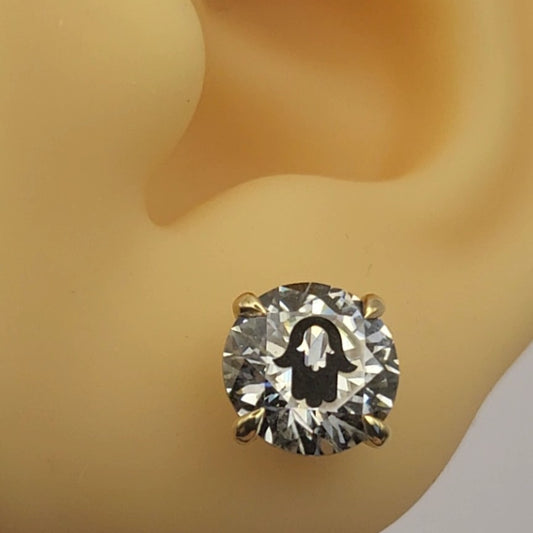 Moissanite Round Stud With Hamsa Laser Engraved On The Moissanite 14K Gold Yellow/White/Rose