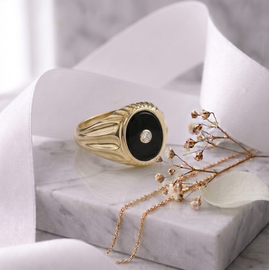 Onyx Stone & Lab Grown Diamond Signet Ring 14K Yellow/White/Rose Gold