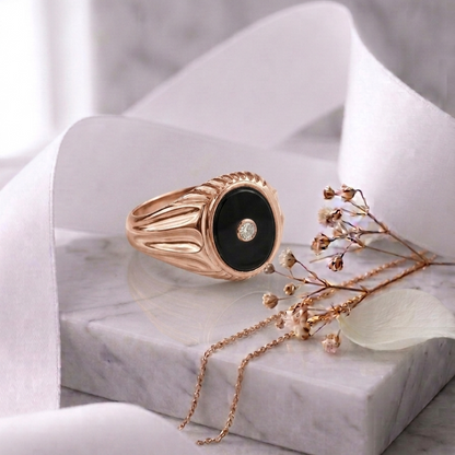 Onyx Stone & Lab Grown Diamond Signet Ring 14K Yellow/White/Rose Gold