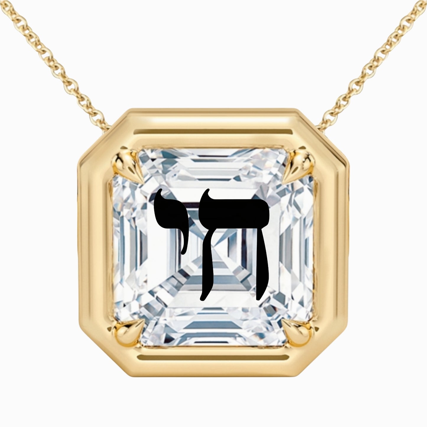 Laser Engrave On Lab Grown Diamond Asscher Bezel Prongs Pendant Chai Engraved Necklace 14K Gold